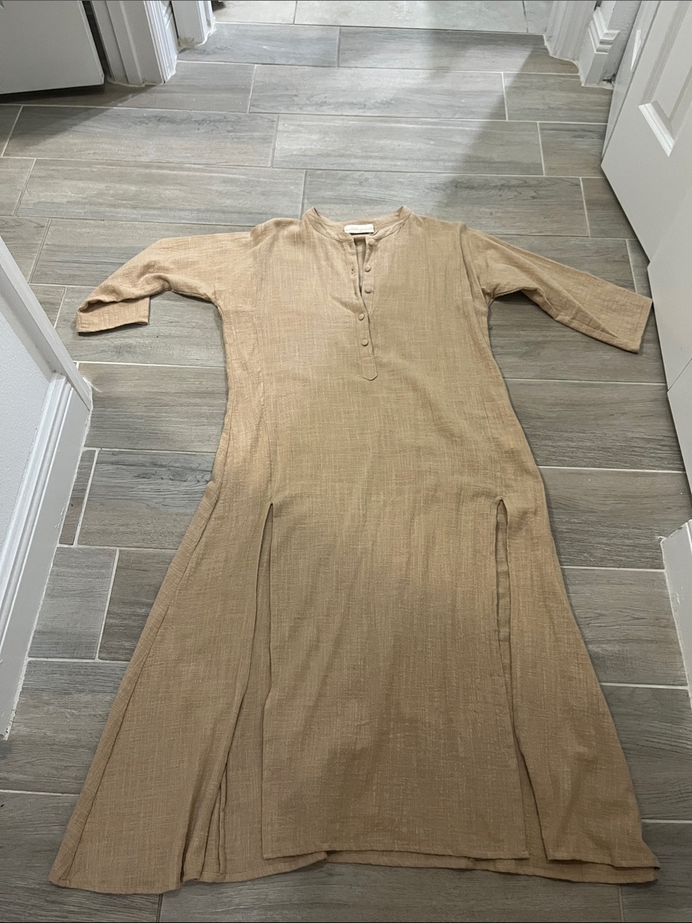 Natalie Martin Beige Split-Hem Henley Maxi Dress